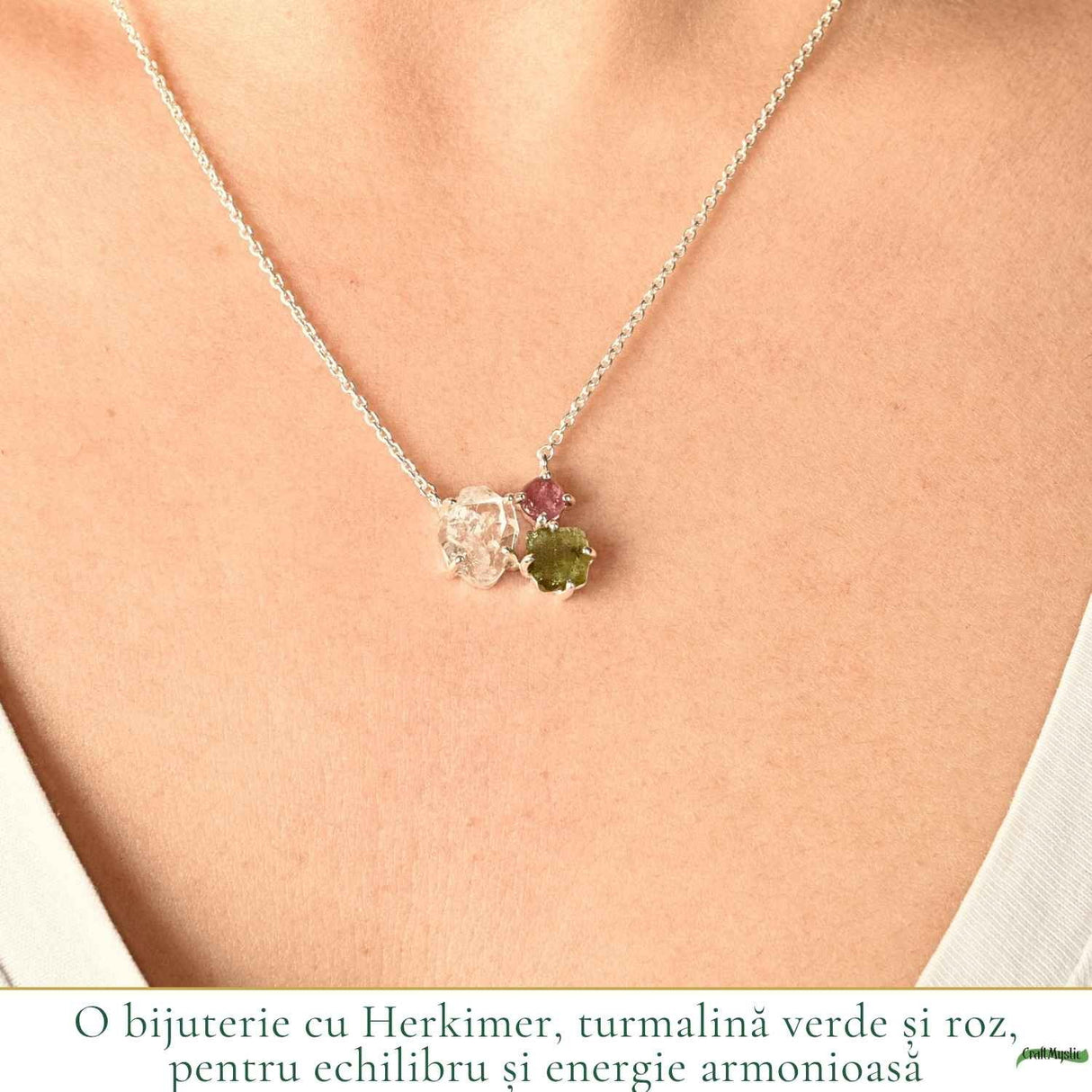Colier Argint 925 cu Herkimer si Turmalina Verde Roz – Echilibru si Energie