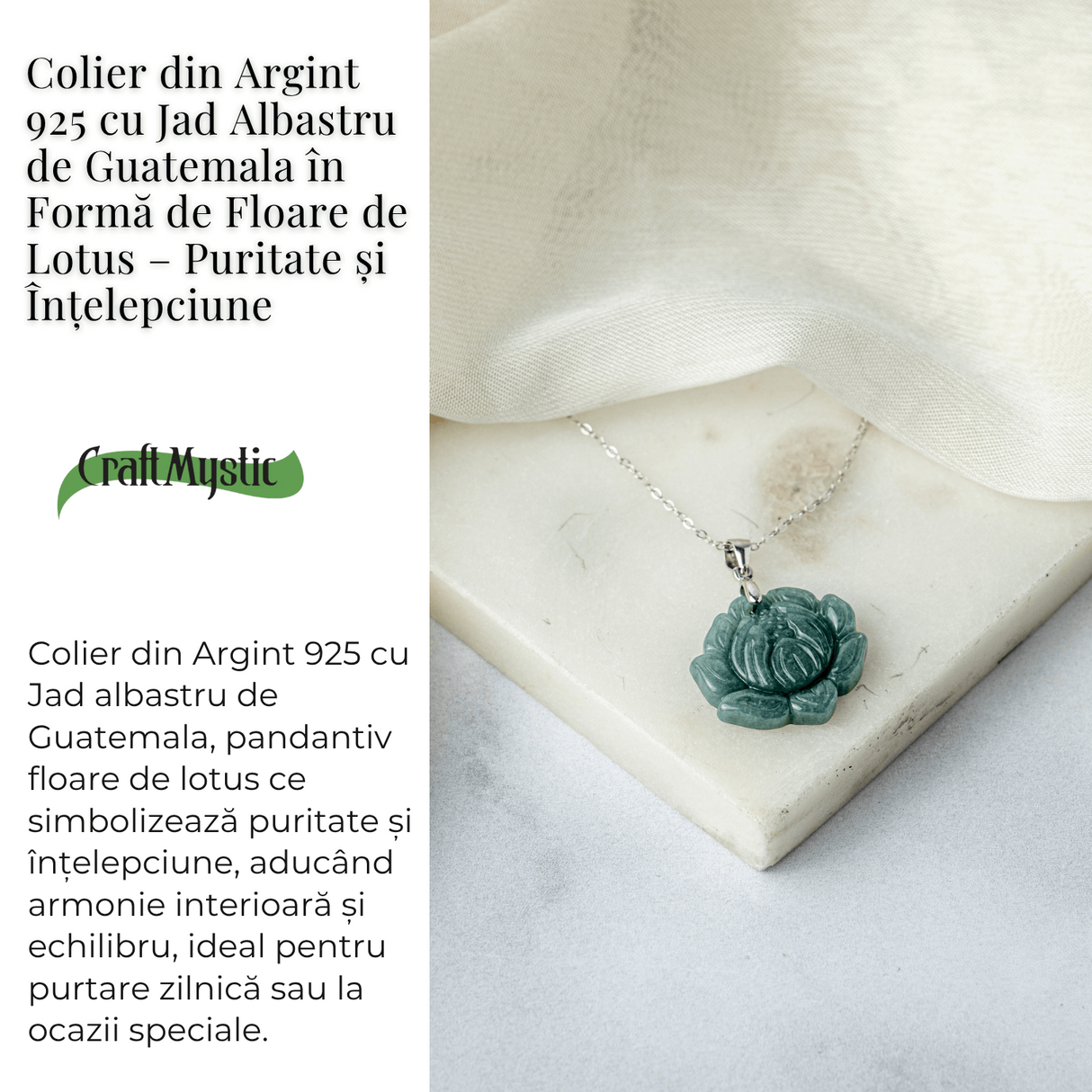 Colier Argint 925 cu Jad Albastru Guatemala in Forma de Floare de Lotus - Puritate si Armonie Interioara