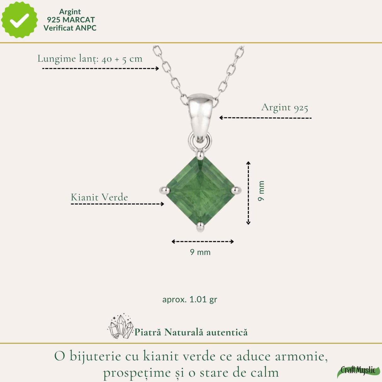 Colier Argint 925 cu Kianit Verde Fatetat Patrat – Echilibru si Claritate
