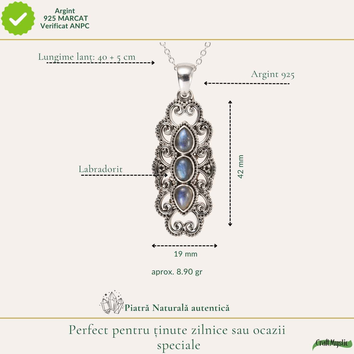 Colier Argint 925 cu Labradorit Triplu forma de Floare – Protectie si Intuitie