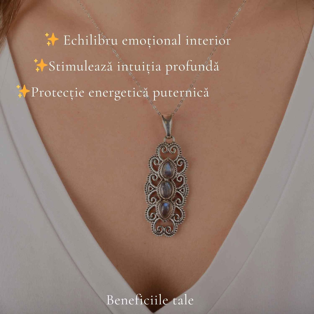 Colier Argint 925 cu Labradorit Triplu forma de Floare – Protectie si Intuitie