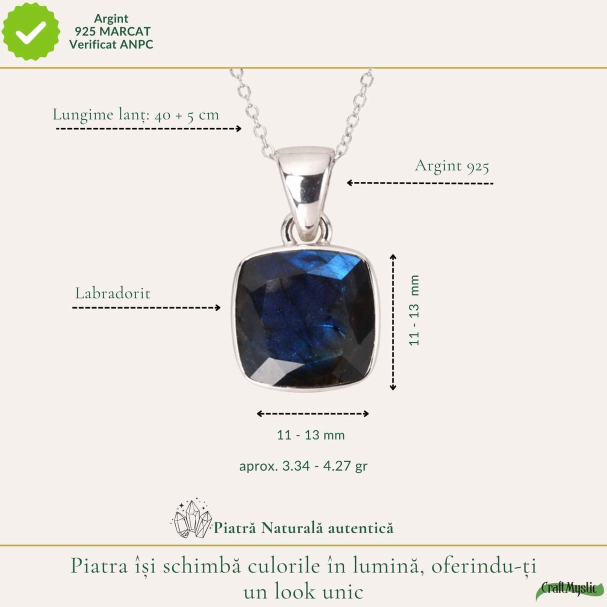Colier Argint 925 cu Labradorit Fatetat Patrat – Claritate si Protectie