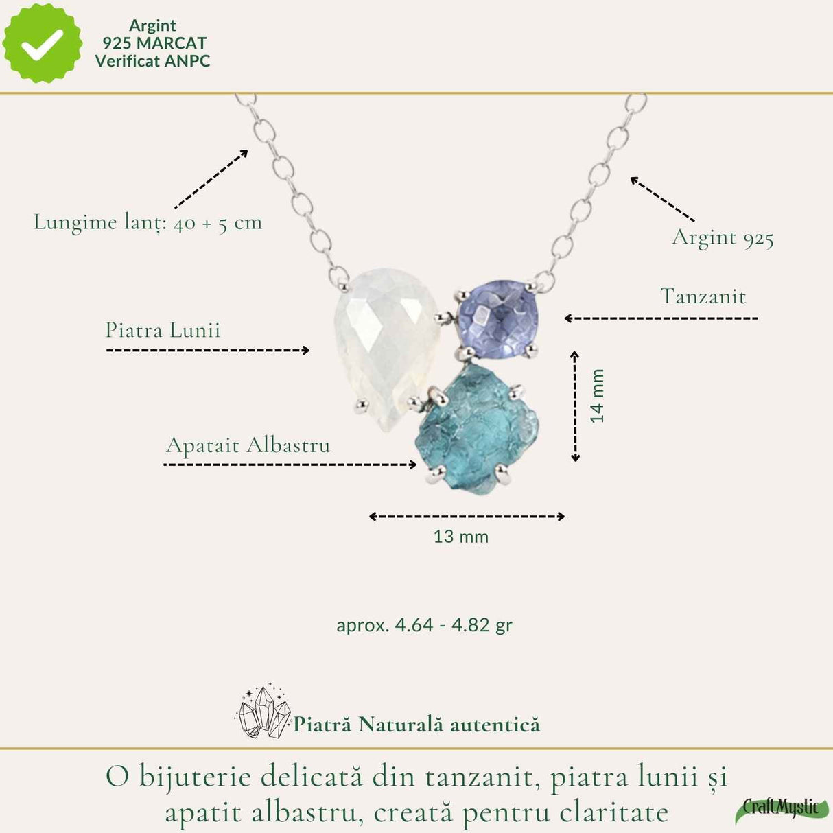 Colier Argint 925 cu Piatra Lunii, Apatit Albastru si Tanzanit – Echilibru si Inspiratie
