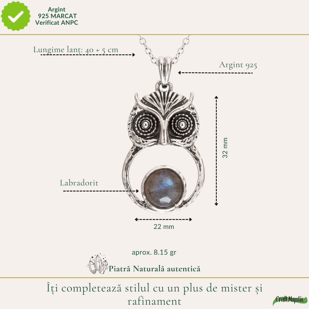 Colier Argint 925 cu Labradorit in forma de Bufnita – Protectie si Intuitie