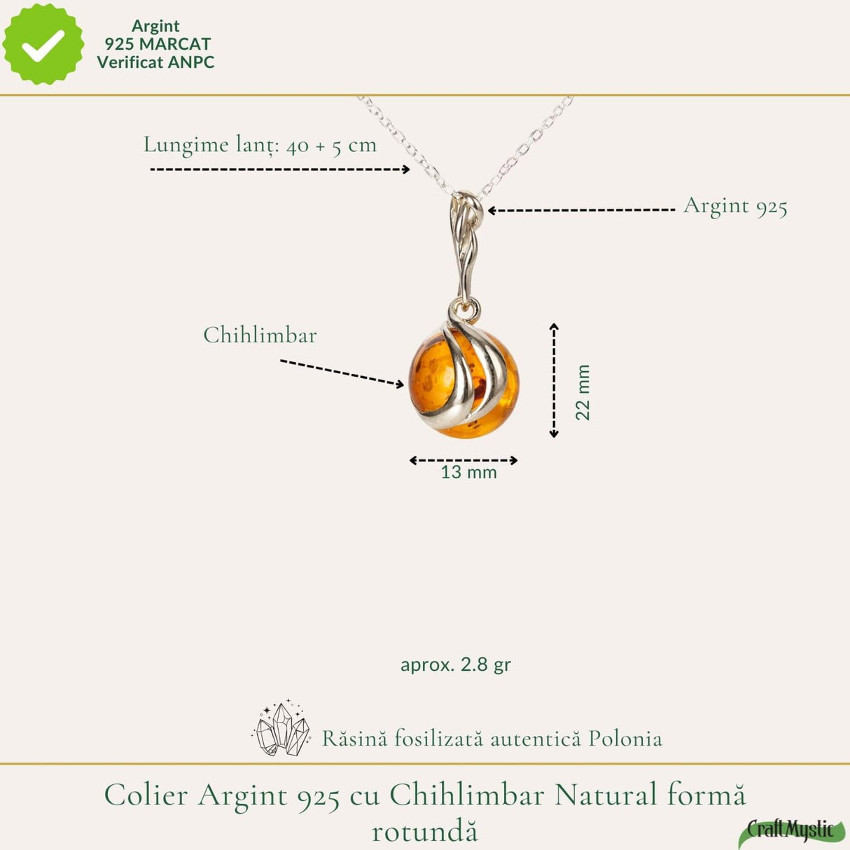 Colier argint 925 rotund cu chihlimbar natural - Energie solara si echilibru