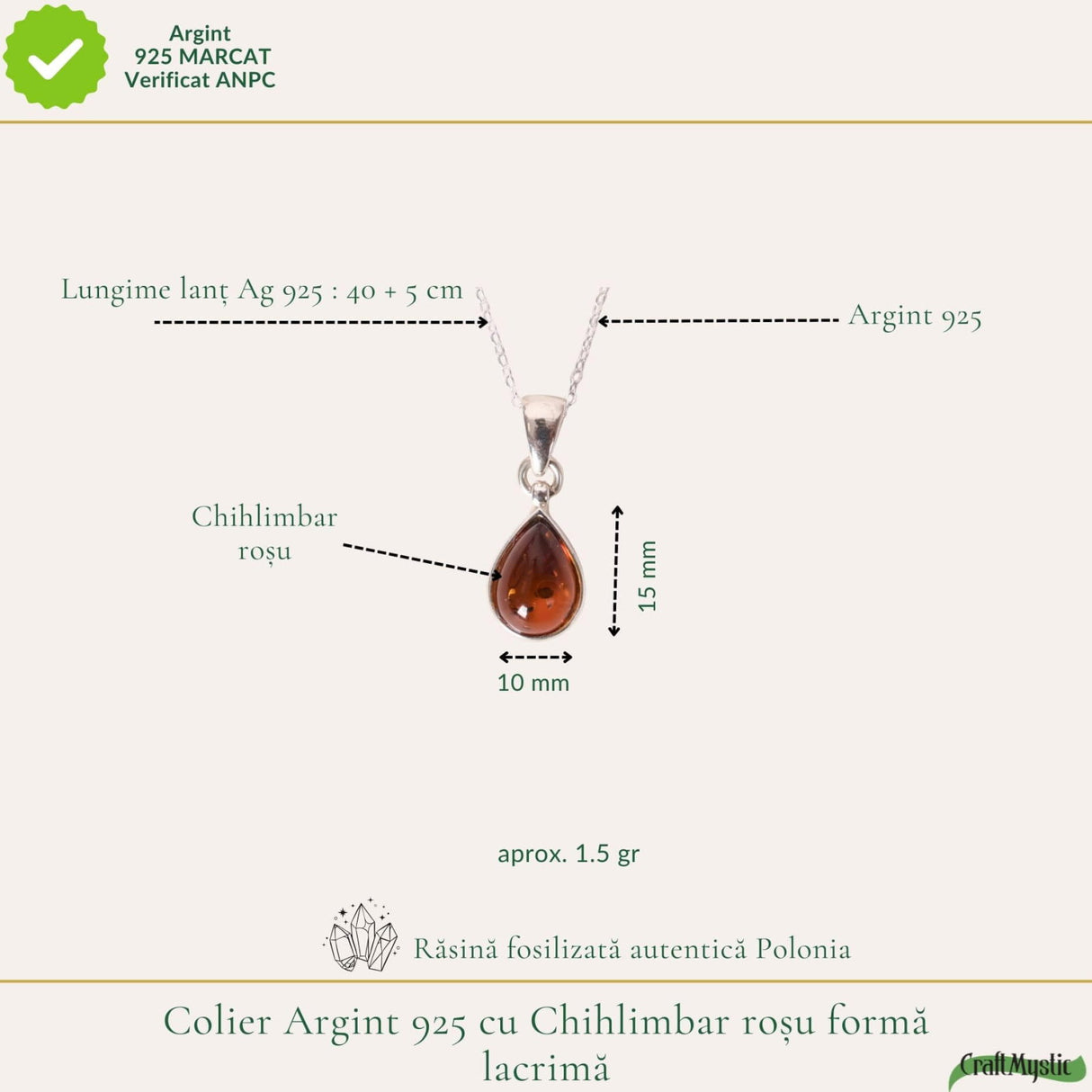 Colier argint 925 forma lacrima si chihlimbar natural - Energie solara si vitalitate