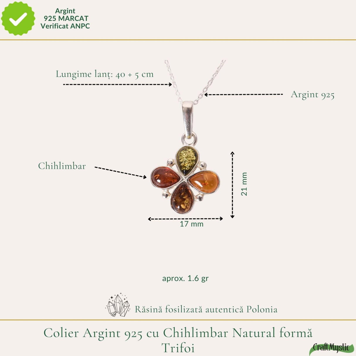Colier argint 925 cu trifoi si chihlimbar natural - Energie solara si noroc
