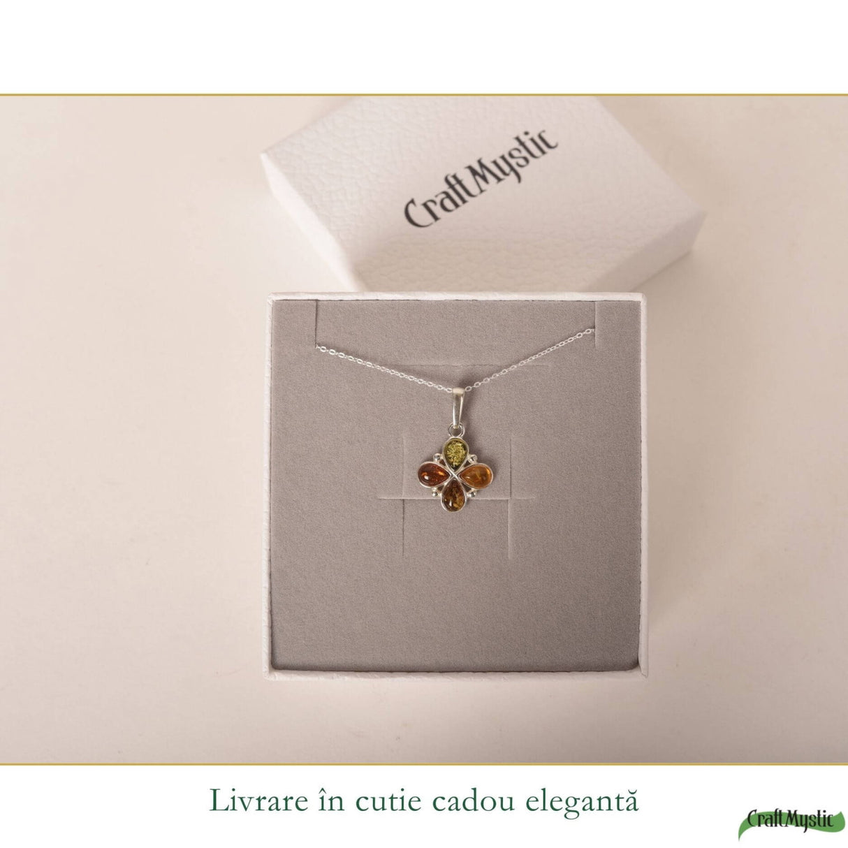 Colier argint 925 cu trifoi si chihlimbar natural - Energie solara si noroc
