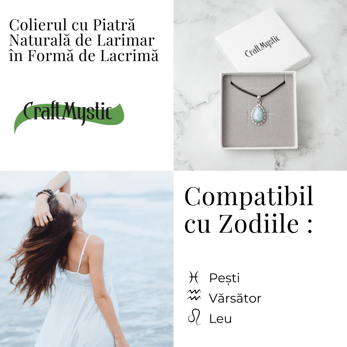 Colier Argintiu cu Piatra Naturala Larimar in Forma de Lacrima - Calm si Armonie Interioara