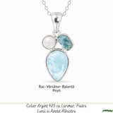 Colier Argint 925 cu Larimar, Apatit Albastru si Piatra Lunii Floare – Feminitate si Calm