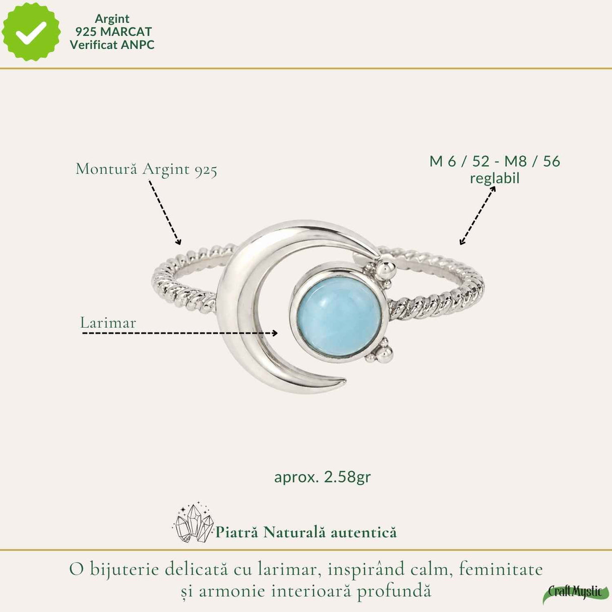Inel Argint 925 cu Larimar Semiluna – Calm Interior si Eleganta Feminina