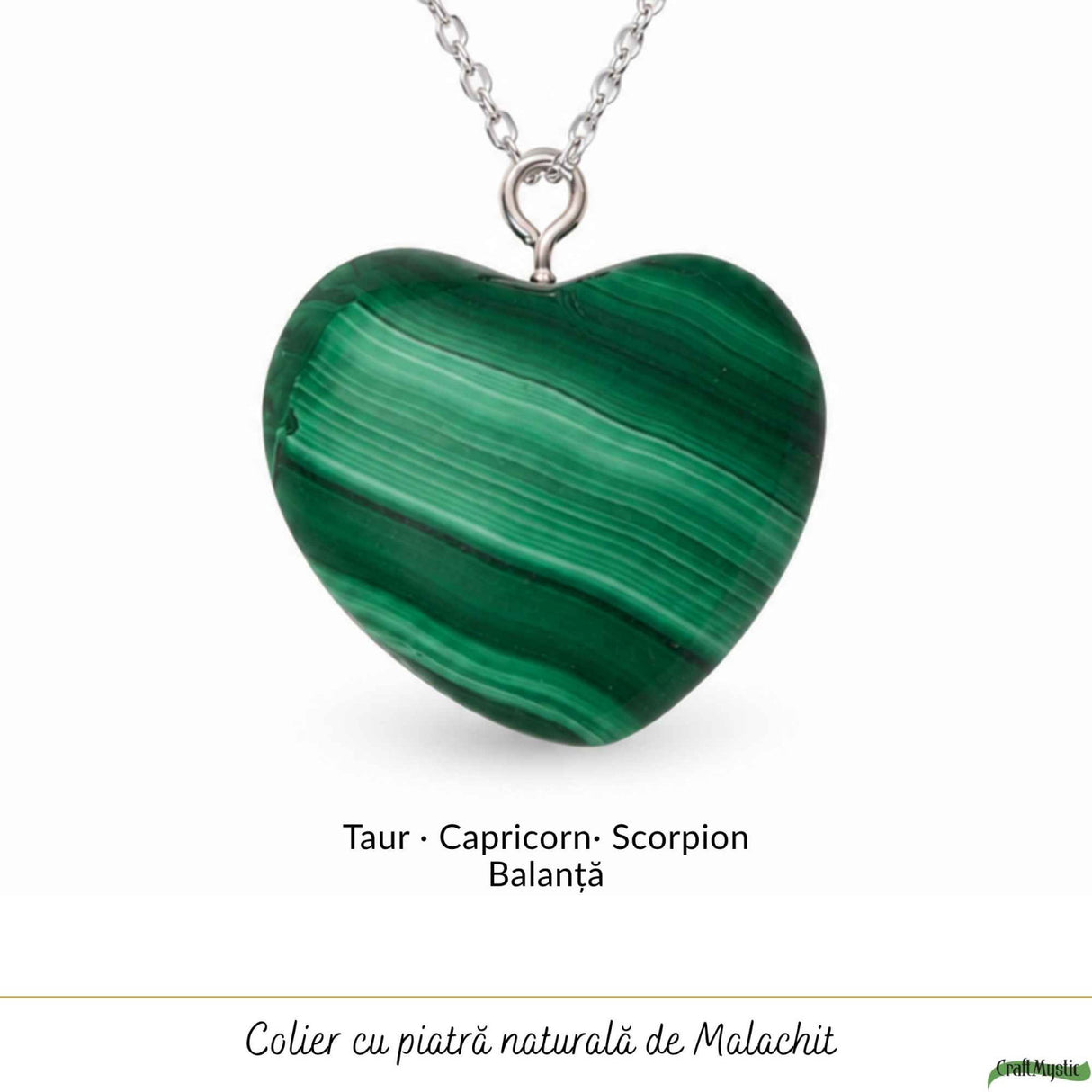 Colier cu Malachit Natural in Forma de Inima si lant argint 925 – Transformare si Echilibru Emotional