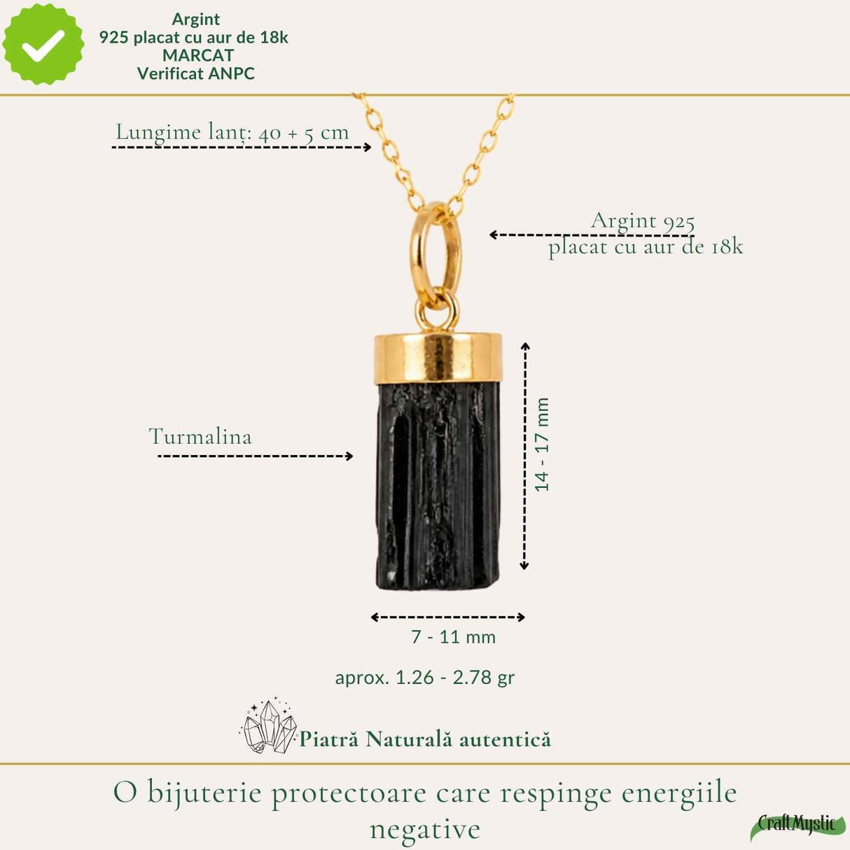Colier Argint 925 Placat Aur 18K cu Turmalina Neagra Bruta – Protectie si Ancorare