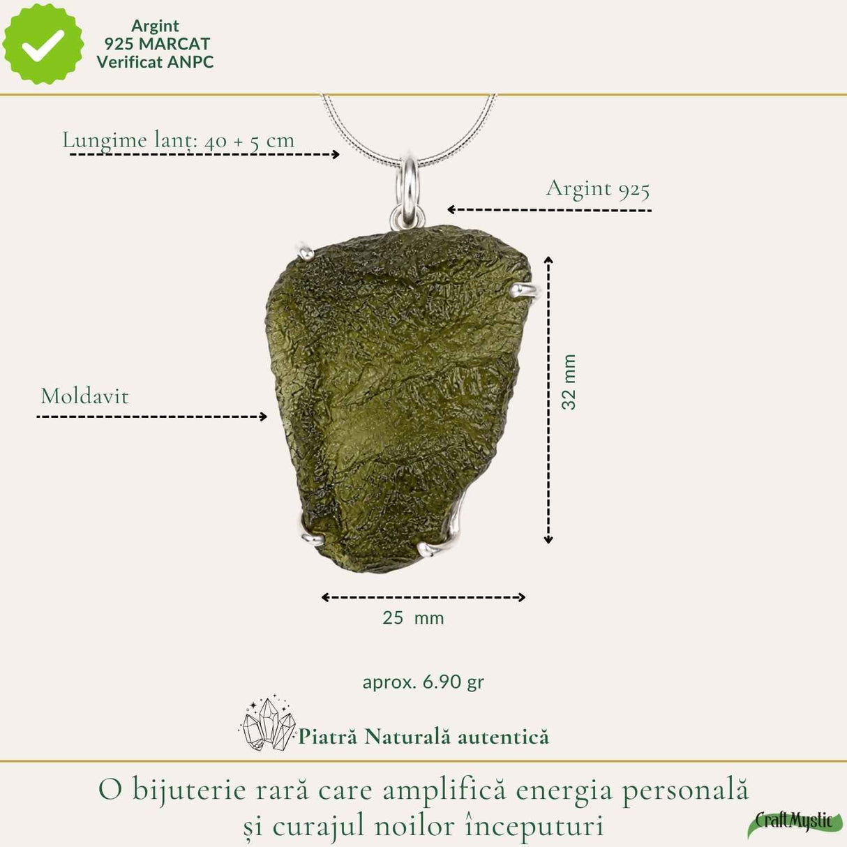 Colier Argint 925 cu Moldavit Brut Natural – Energie si Transformare Interioara