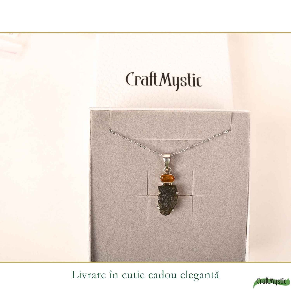 Colier argint 925 cu Moldavit si Chihlimbar Natural – Echilibru si Claritate Interioara