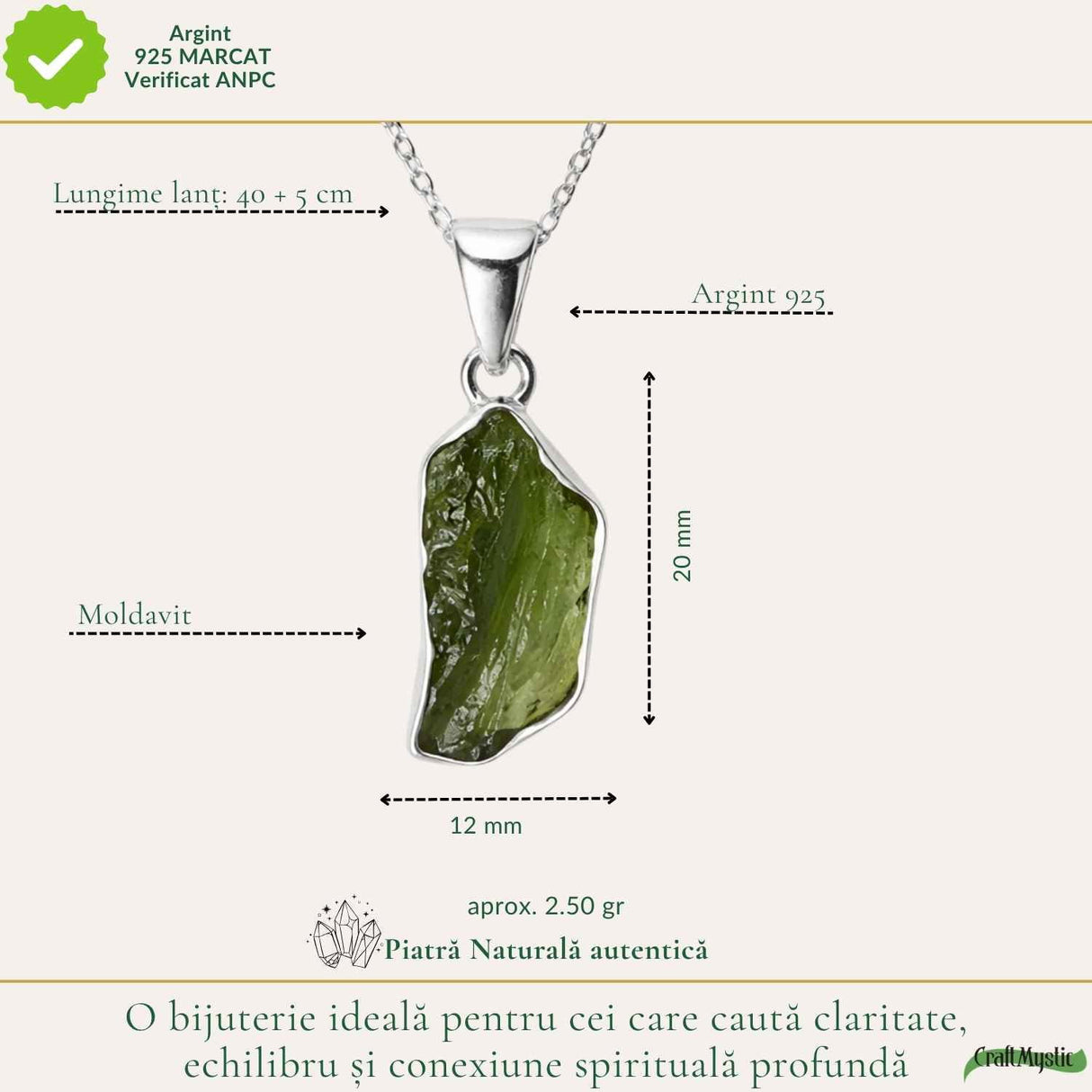Colier argint 925 cu moldavit brut neuniform – claritate si transformare interioara