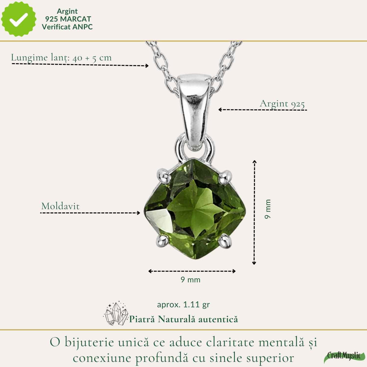 Colier Argint 925 cu Moldavit Fatetat Patrat – Claritate si Transformare