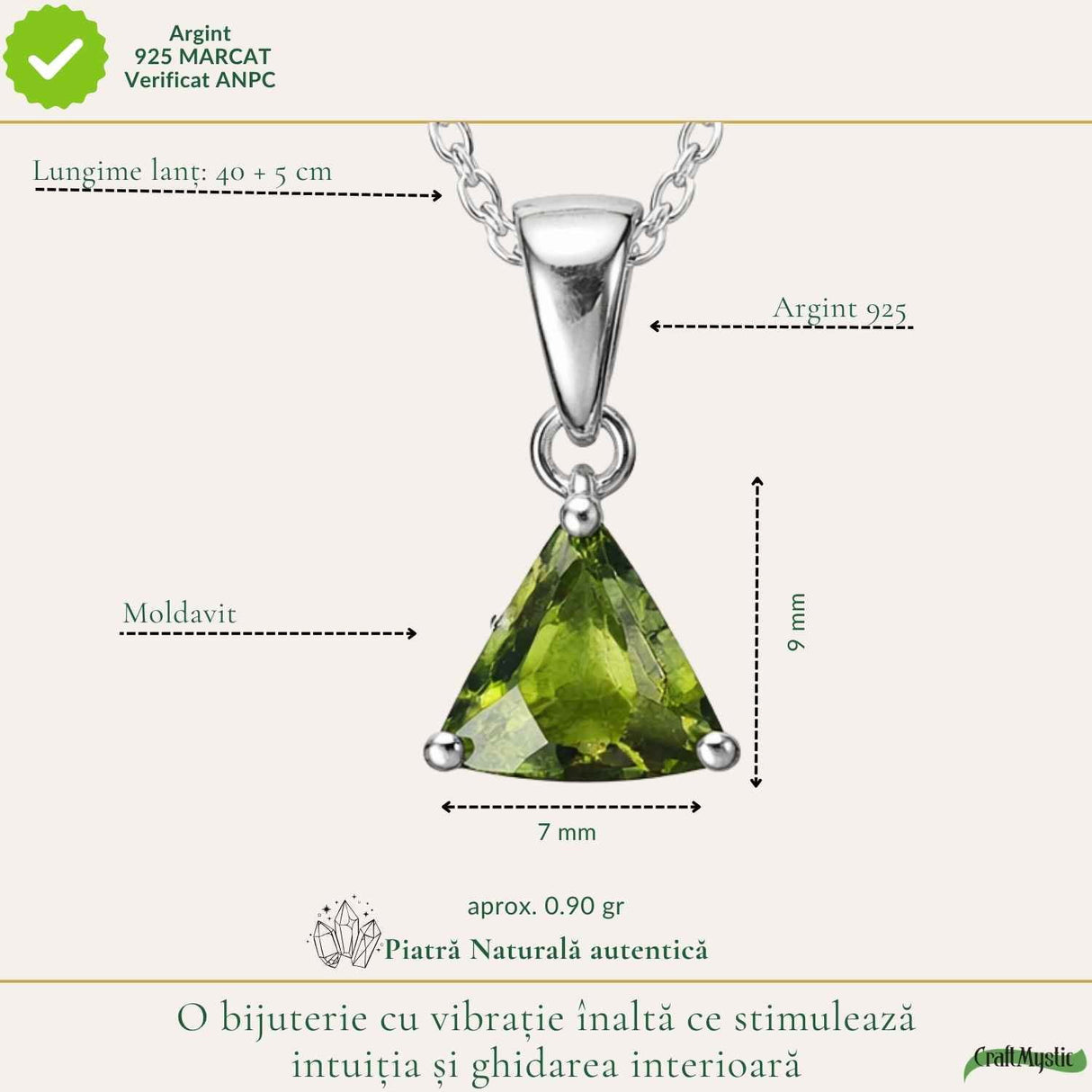Colier Argint 925 cu Moldavit Fatetat Triunghi – Transformare si Claritate