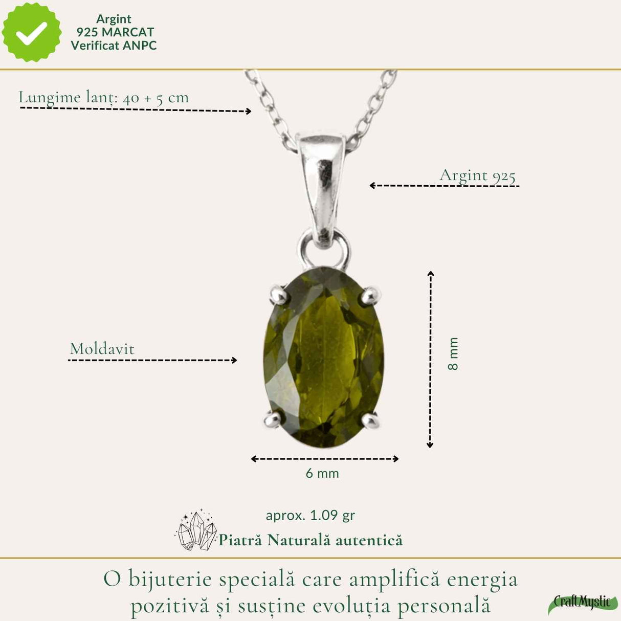 Colier Argint 925 cu Moldavit Fatetat Oval – Claritate si Transformare