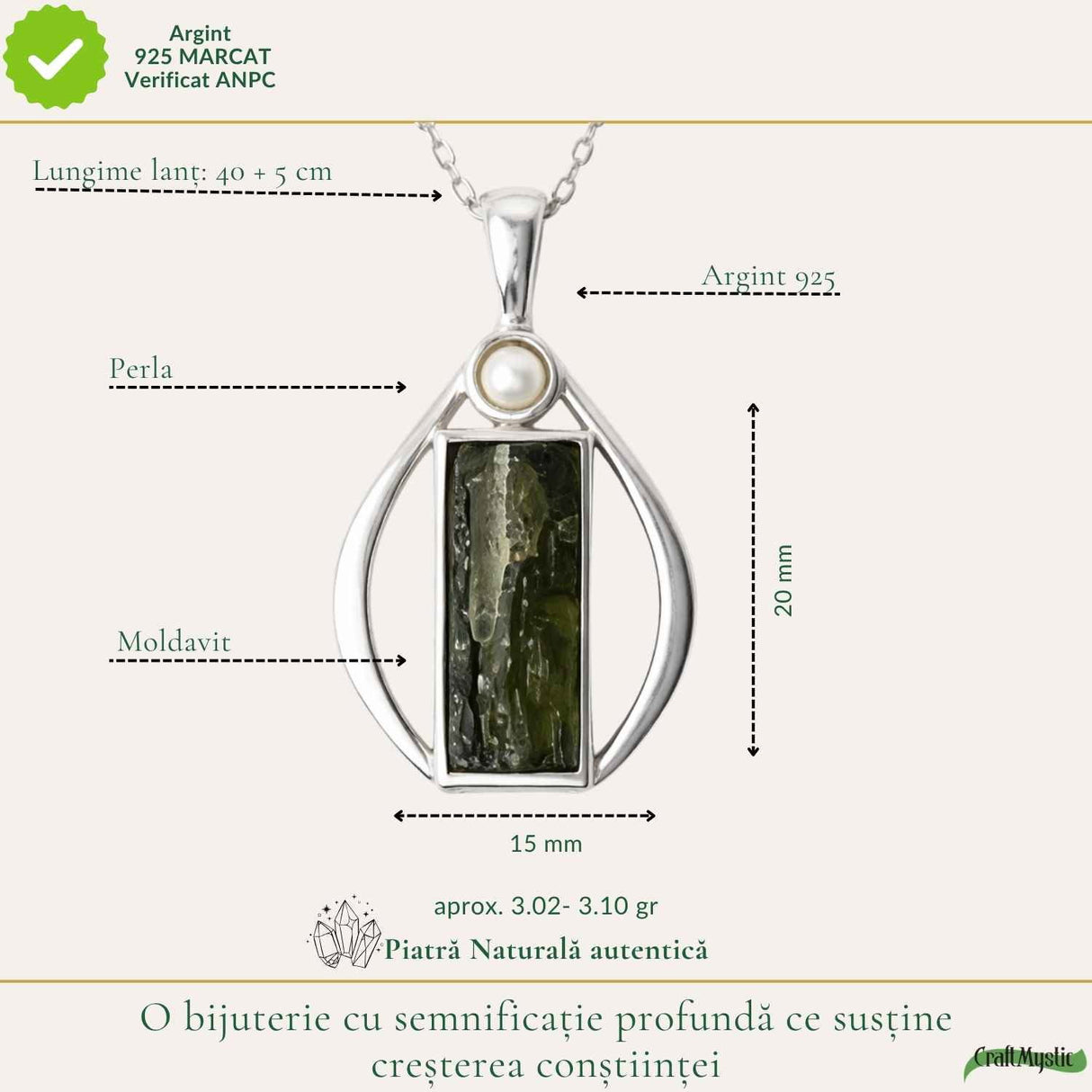 Colier Argint 925 cu Moldavit Brut Lacrima – Transformare si Energie Puternica