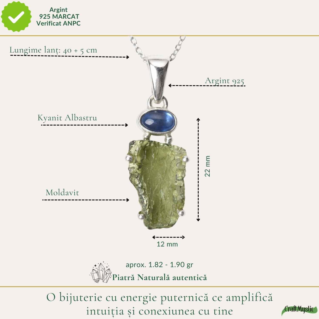 Colier Argint 925 cu Moldavit Brut si Kyanit Albastru – Claritate si Echilibru