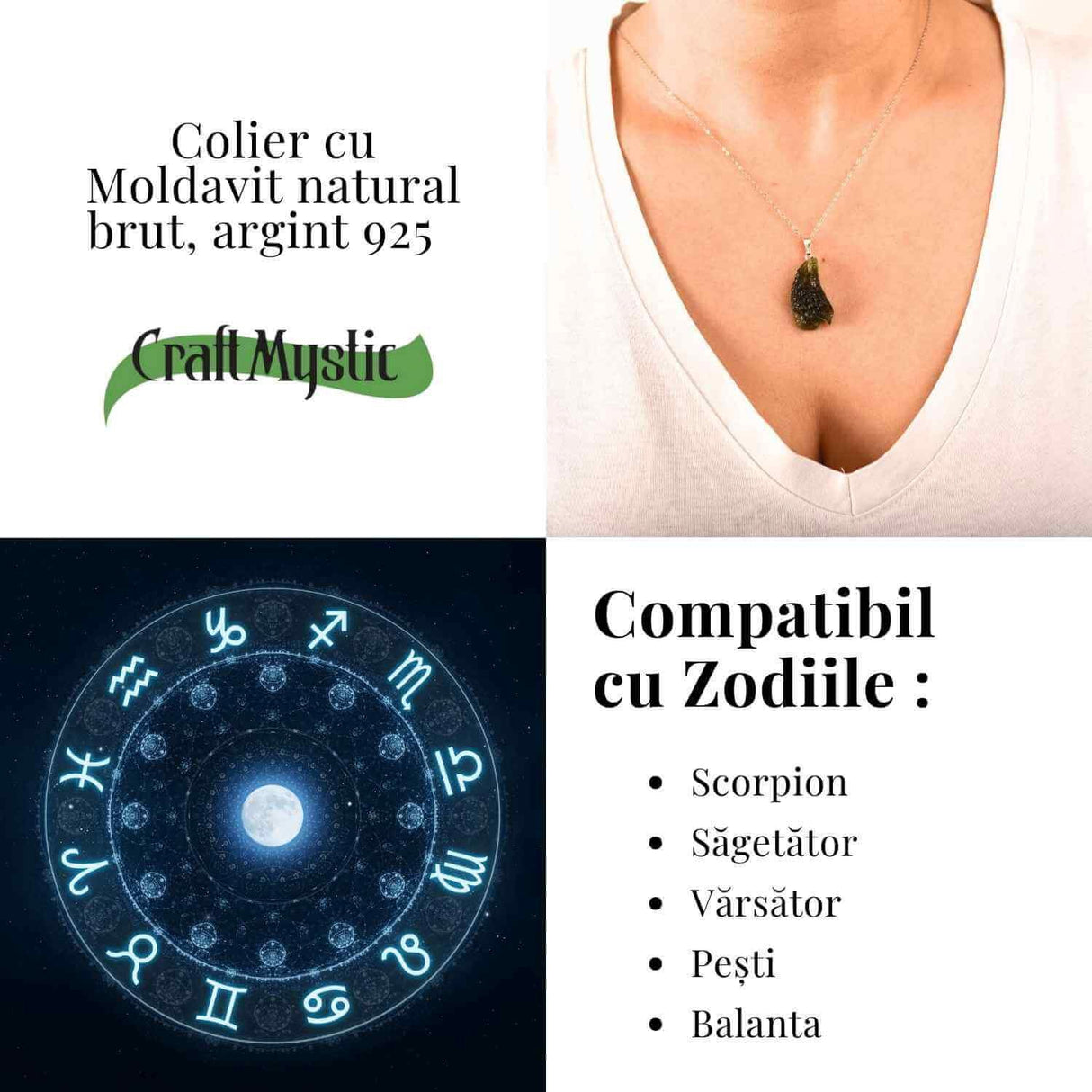 Colier Argint 925 cu Moldavit natural brut 3.8 g - prezenta, sens si spatiu pentru tine