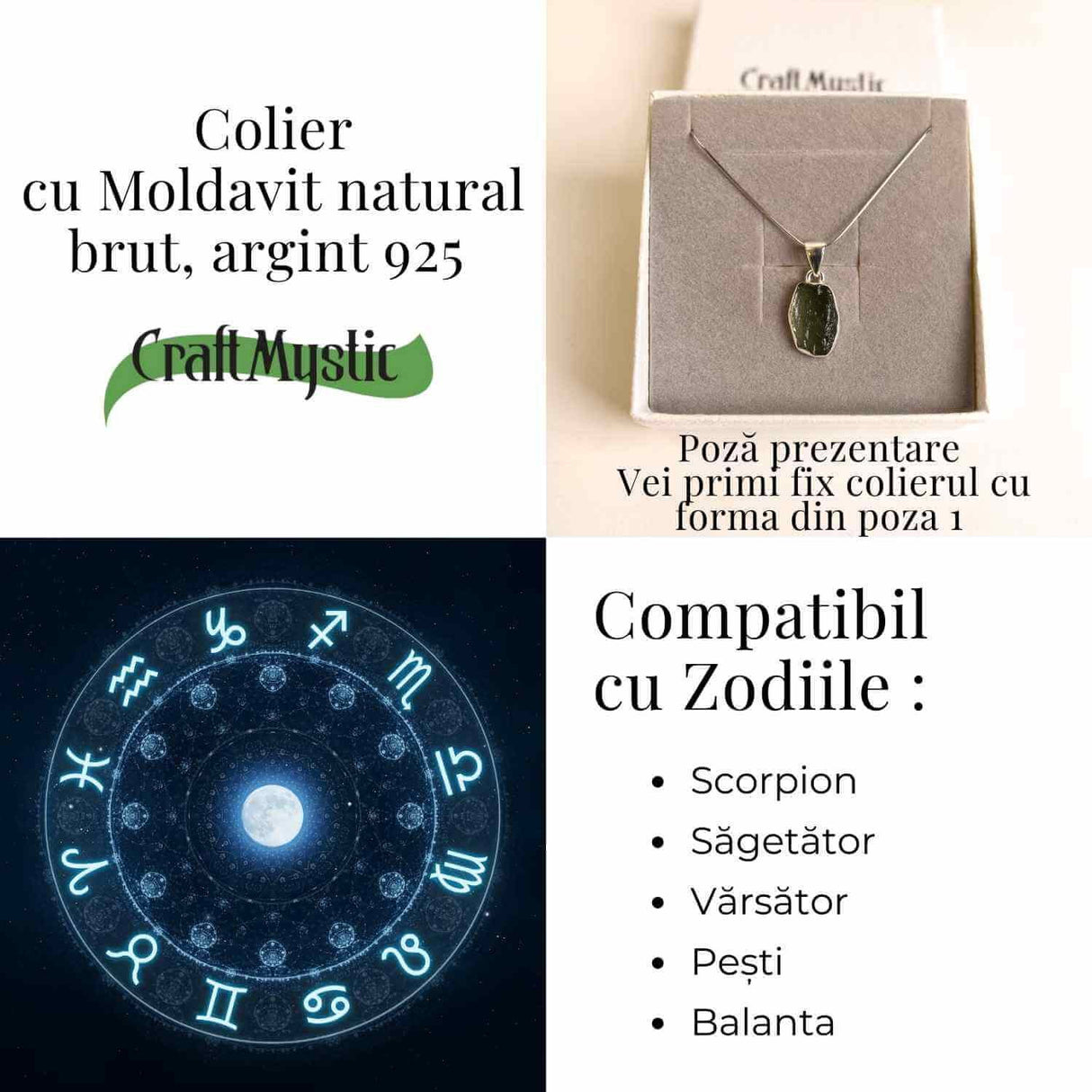 Colier Argint 925 cu Moldavit natural brut 3 gr - talisman de transformare