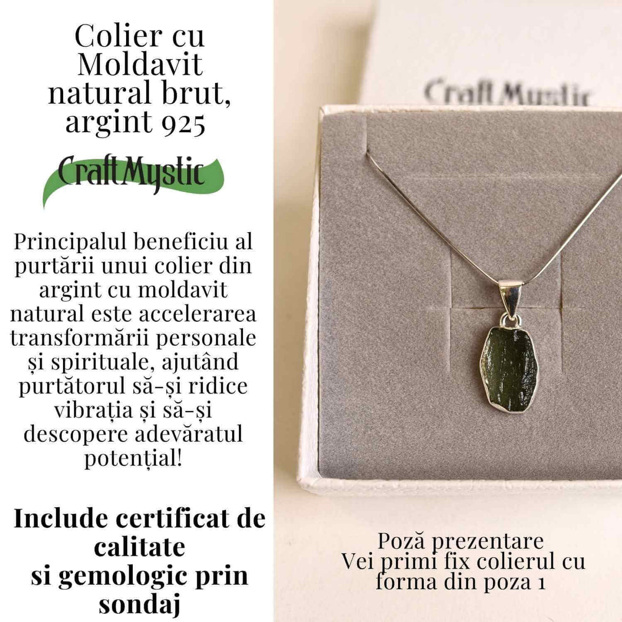 Colier Argint 925 cu Moldavit natural brut 3 gr - talisman de transformare