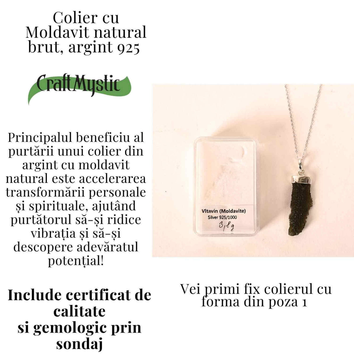 Colier Argint 925 cu Moldavit natural brut 3.8 g - laritate Interioara si Transformare Blanda