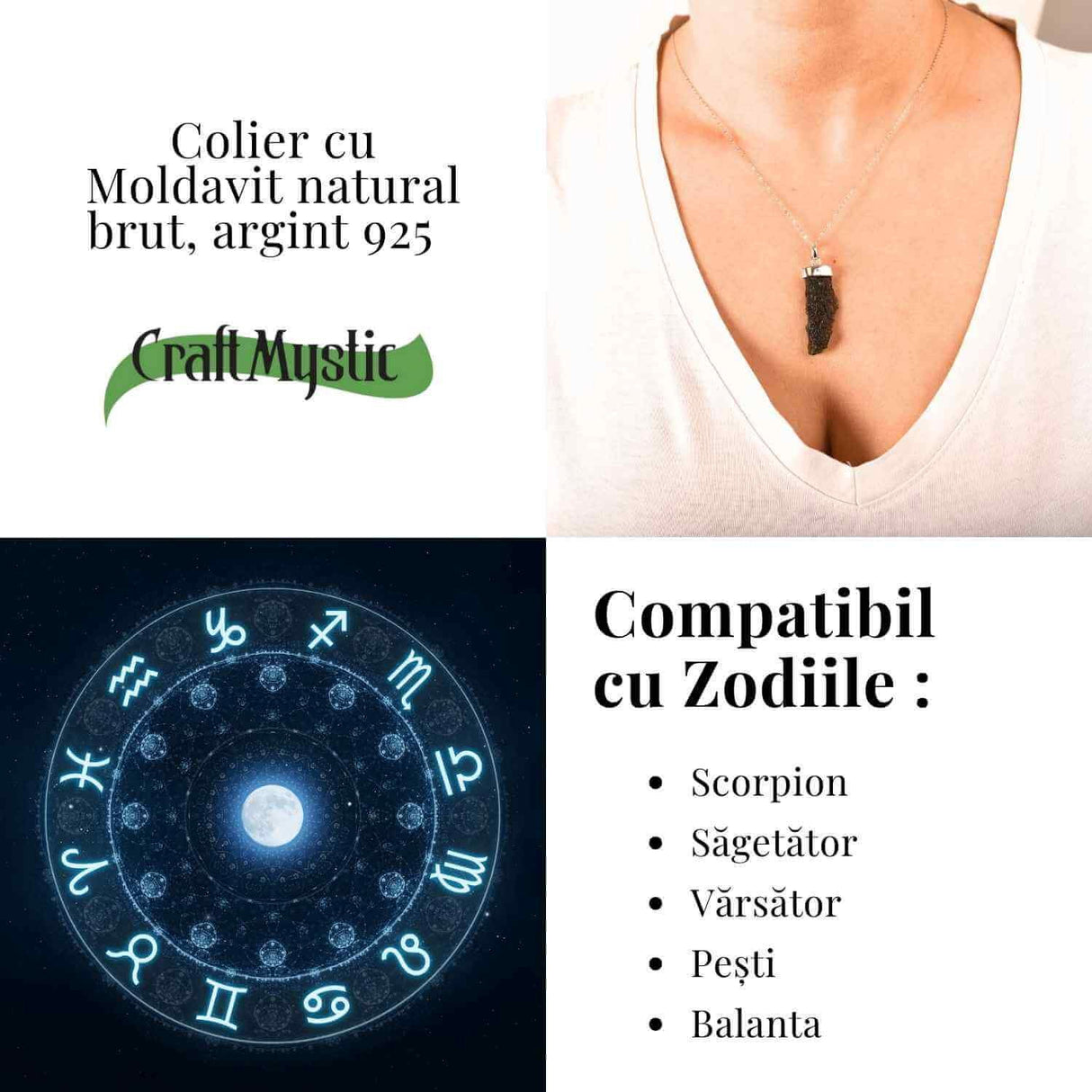 Colier Argint 925 cu Moldavit natural brut 3.8 g - laritate Interioara si Transformare Blanda