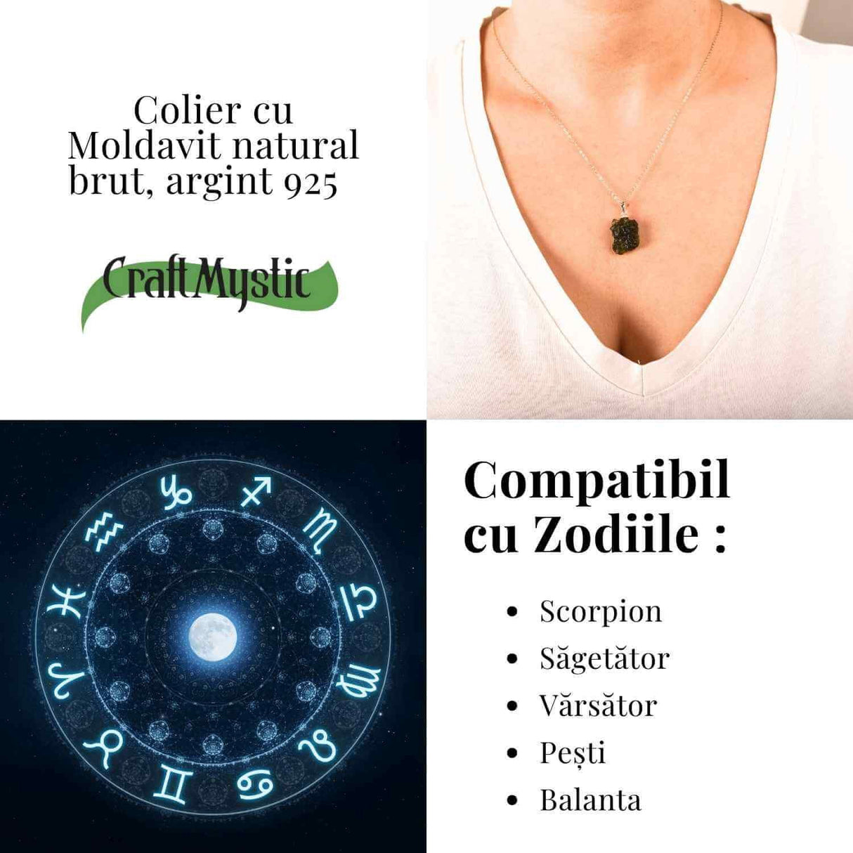 Colier Argint 925 cu Moldavit natural brut 2.2 g -sprijin discret pentru reflectie si calm