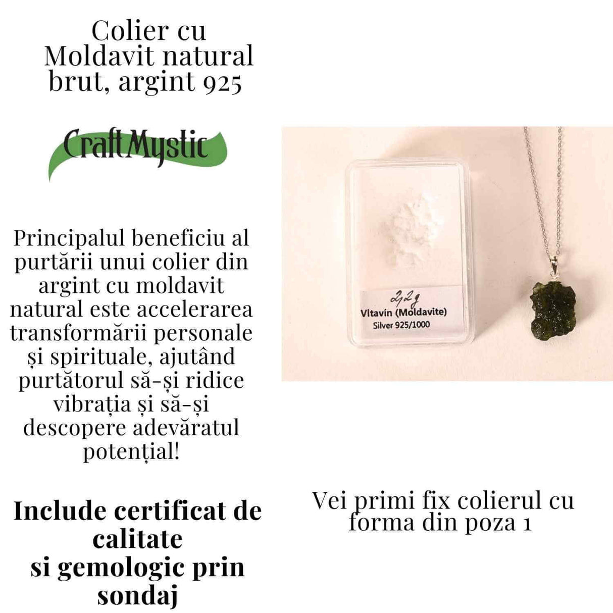Colier Argint 925 cu Moldavit natural brut 2.2 g -sprijin discret pentru reflectie si calm