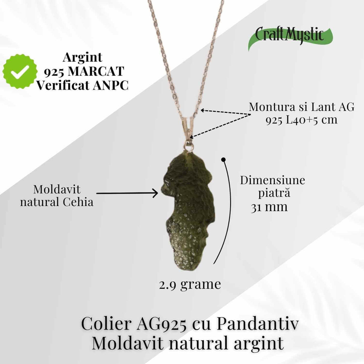 Colier Argint 925 cu Moldavit natural brut 2.9 g - echilibru emotional si prezenta in ritmul tau