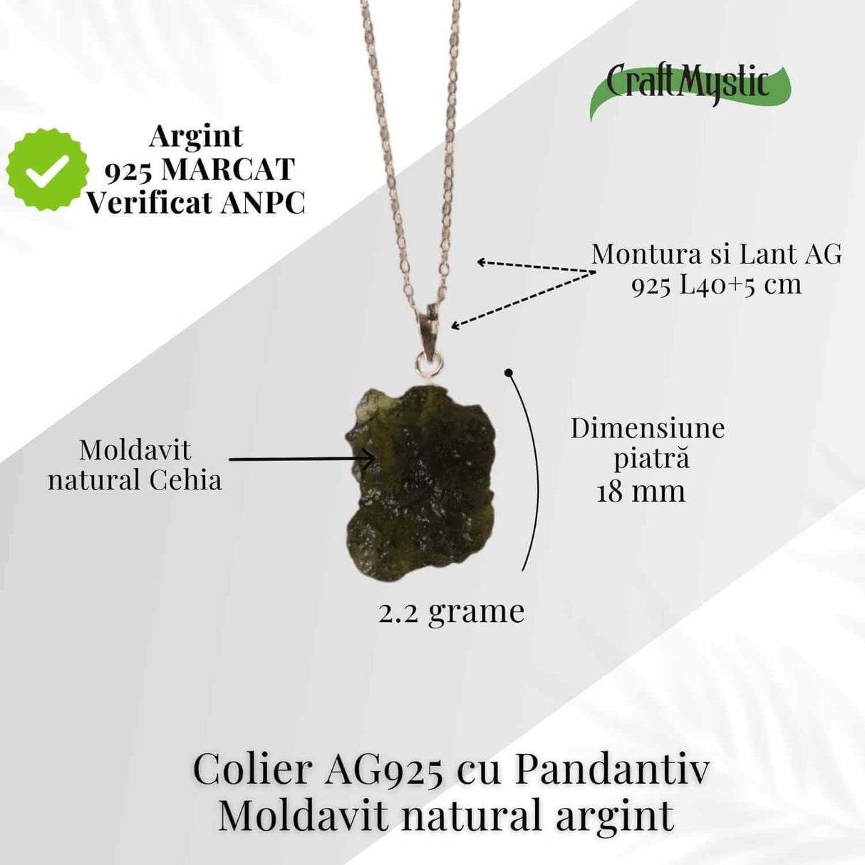 Colier Argint 925 cu Moldavit natural brut 2.2 g -sprijin discret pentru reflectie si calm