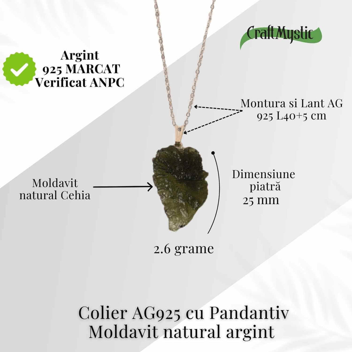 Colier Argint 925 cu Moldavit natural brut 2.6 g - sustinere simbolica pentru schimbare si introspectie