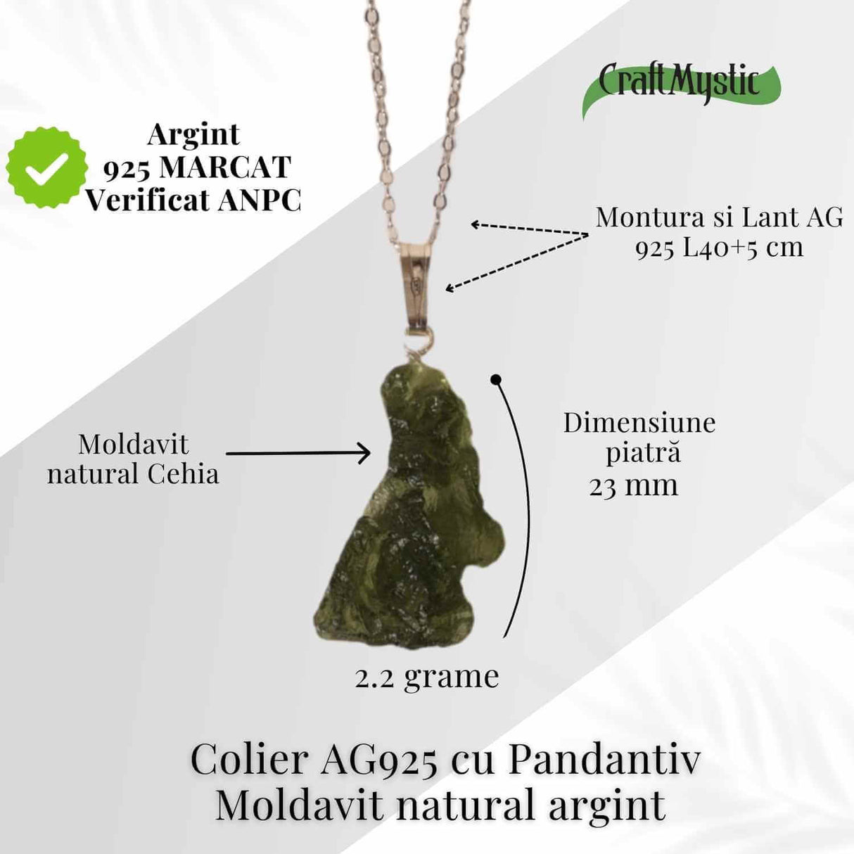 Colier Argint 925 cu Moldavit natural brut 2.2 g -claritate interioara
