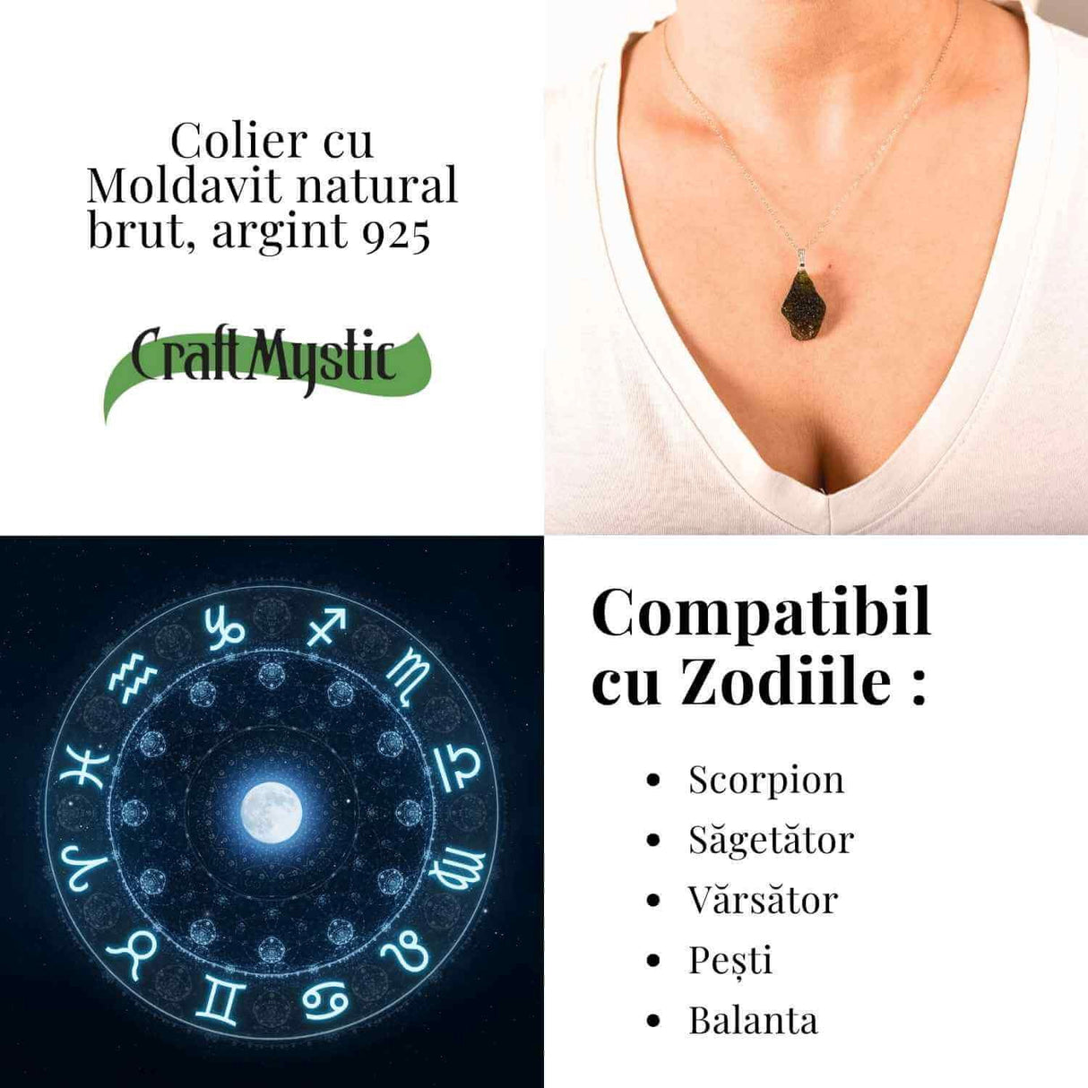 Colier Argint 925 cu Moldavit natural brut 2.9 g - prezenta, sens si spatiu pentru tine