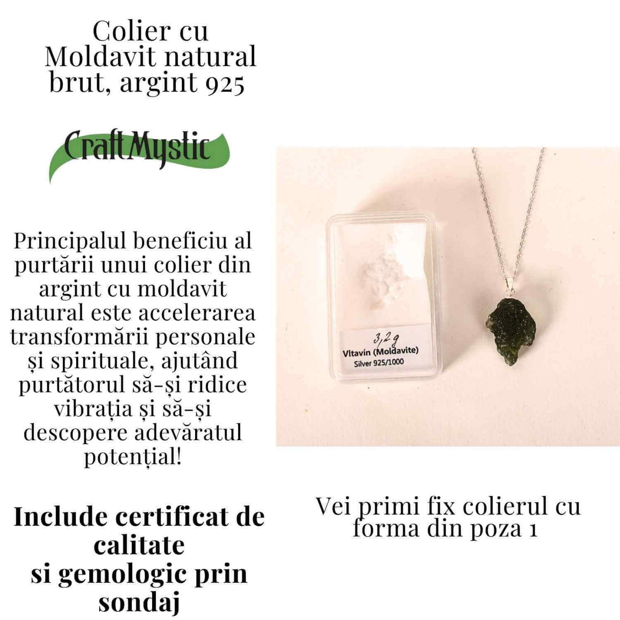 Colier Argint 925 cu Moldavit natural brut 3.2 g - un simbol al claritatii si al deschiderii interioare