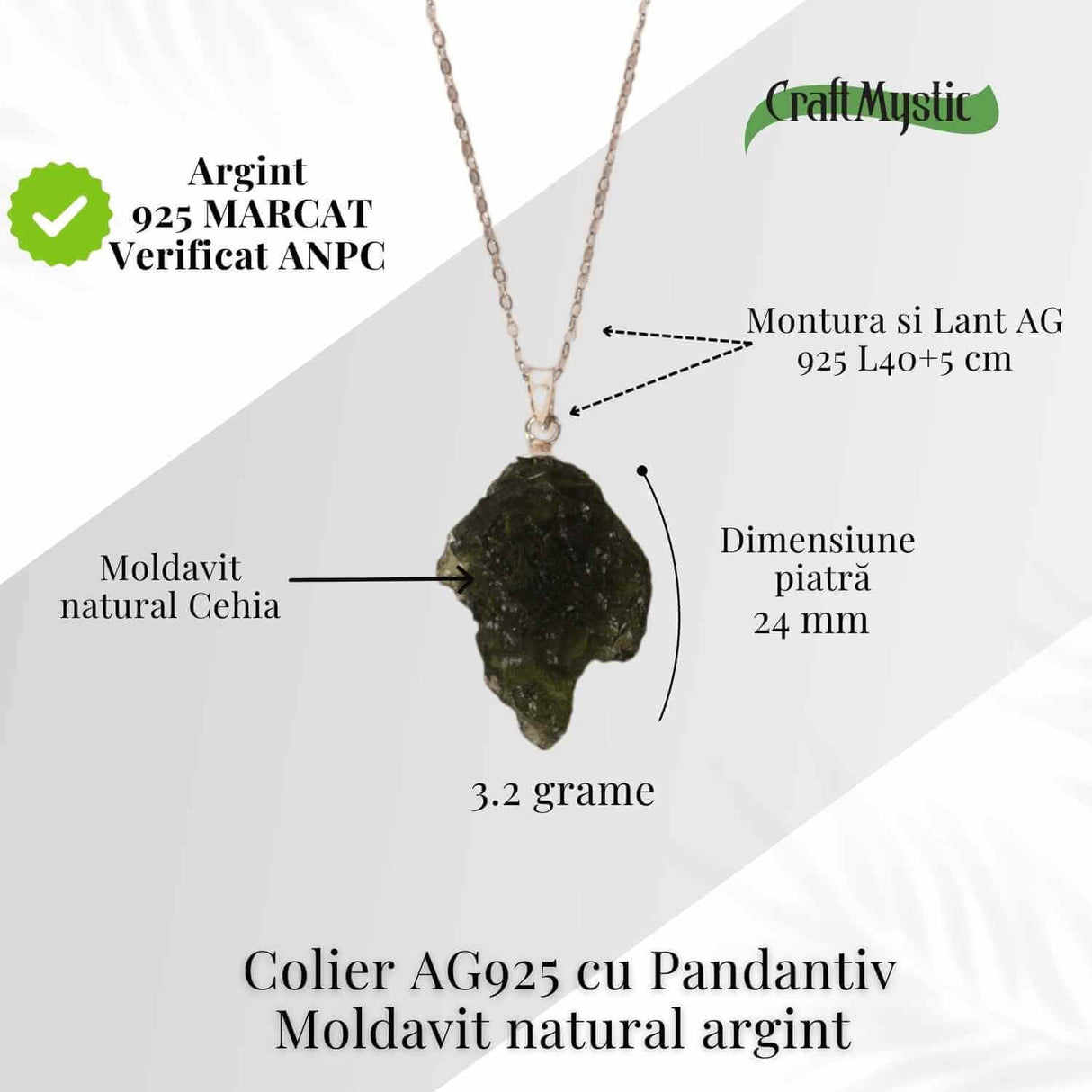 Colier Argint 925 cu Moldavit natural brut 3.2 g - un simbol al claritatii si al deschiderii interioare