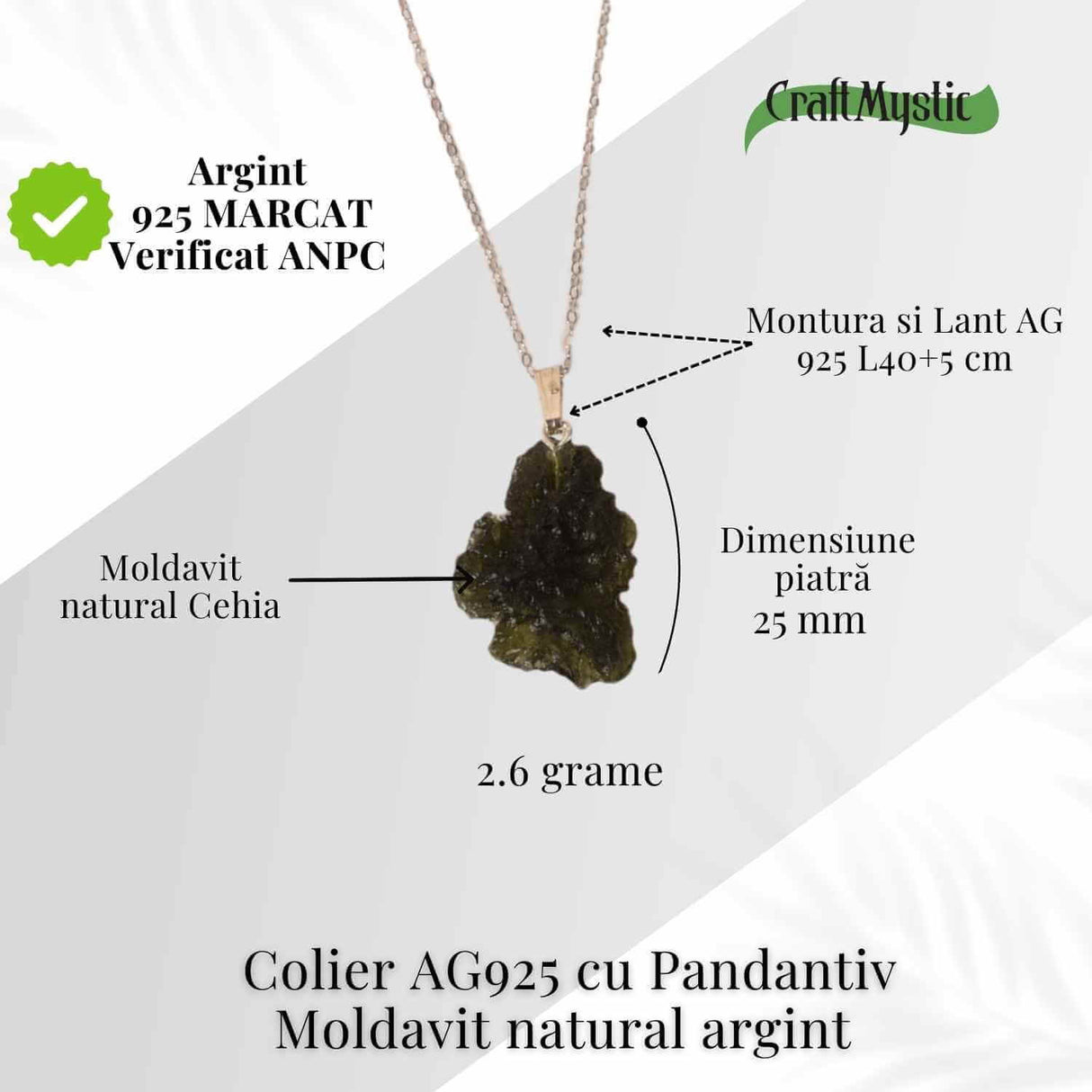 Colier Argint 925 cu Moldavit natural brut 2.6 g - o piatra a schimbarii blande si a claritatii interioare
