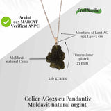 Colier Argint 925 cu Moldavit natural brut 2.6 g - o piatra a schimbarii blande si a claritatii interioare