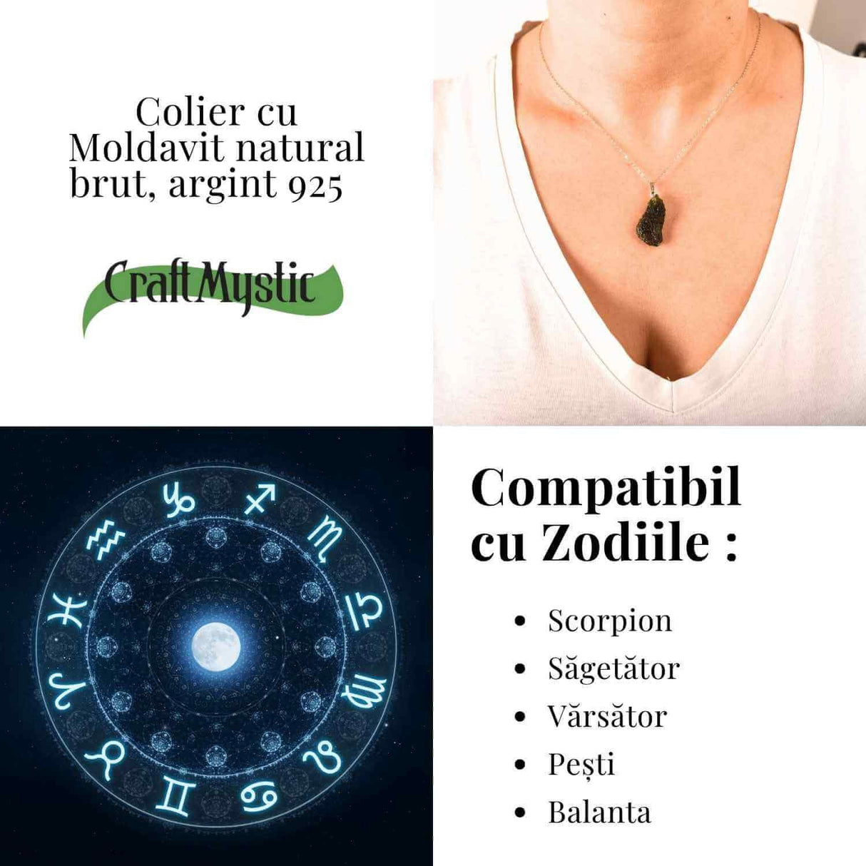 Colier Argint 925 cu Moldavit natural brut 2.7 g - un obiect cu sens pentru claritate si autoobservare