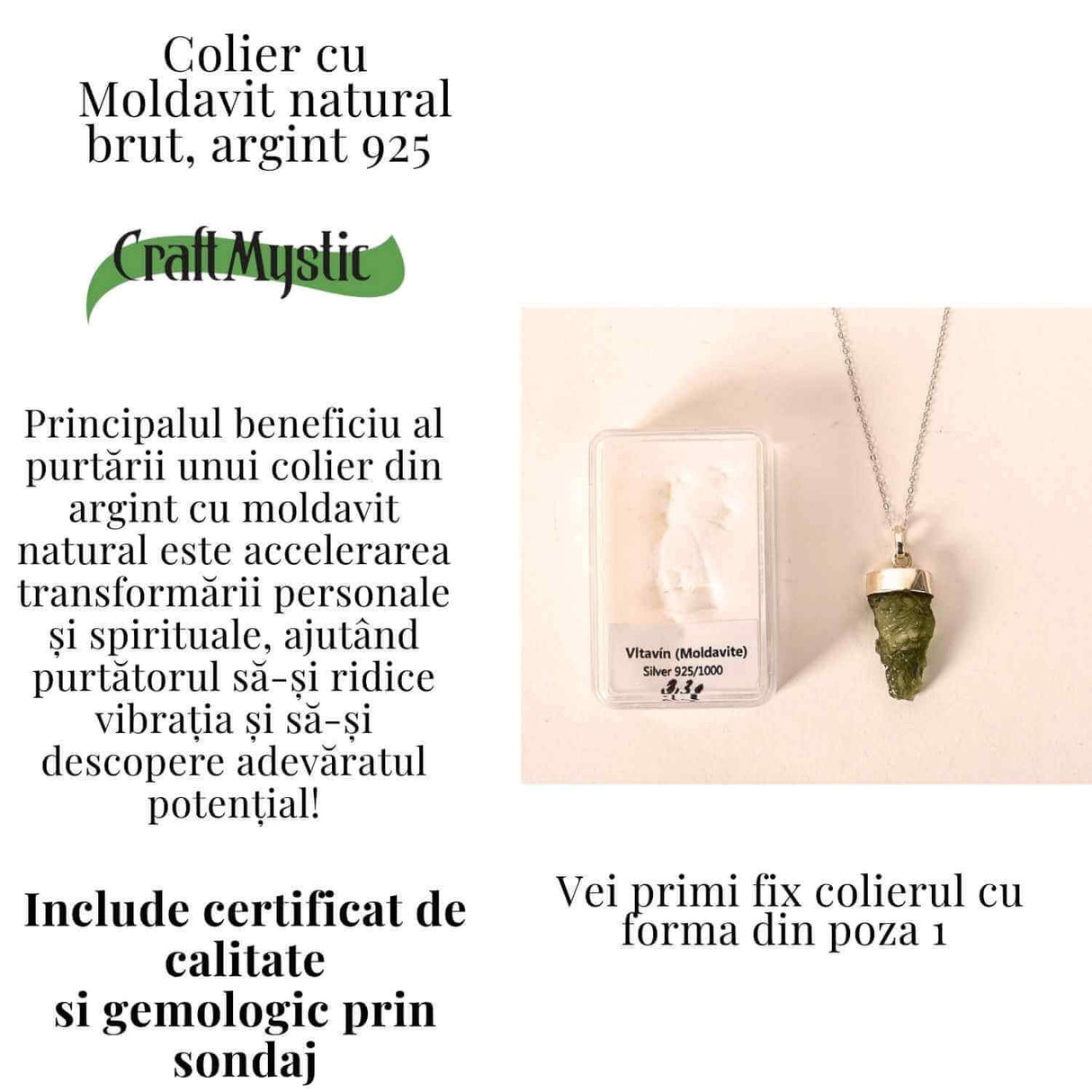 Colier Argint 925 cu Moldavit natural brut 3.3 g - Sustinere Simbolica pentru Introspectie si Sens