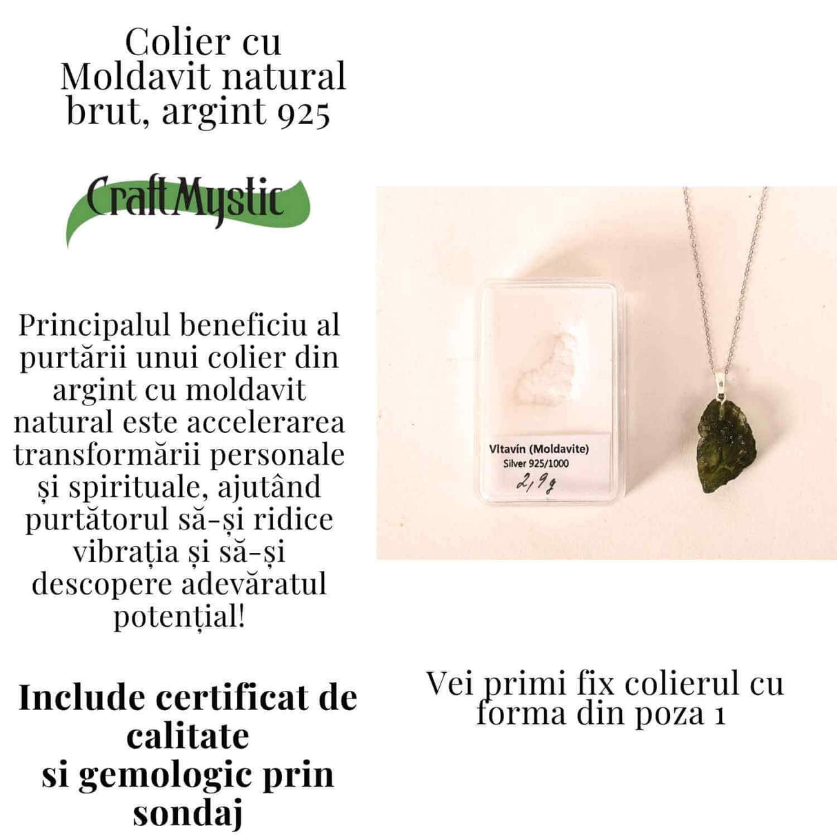Colier Argint 925 cu Moldavit natural brut 2.9 g - o ancora simbolica pentru transformare blanda