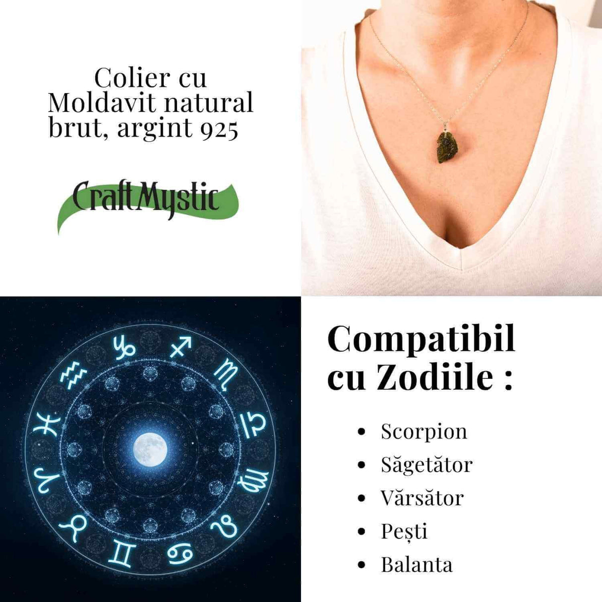 Colier Argint 925 cu Moldavit natural brut 2.9 g - o ancora simbolica pentru transformare blanda