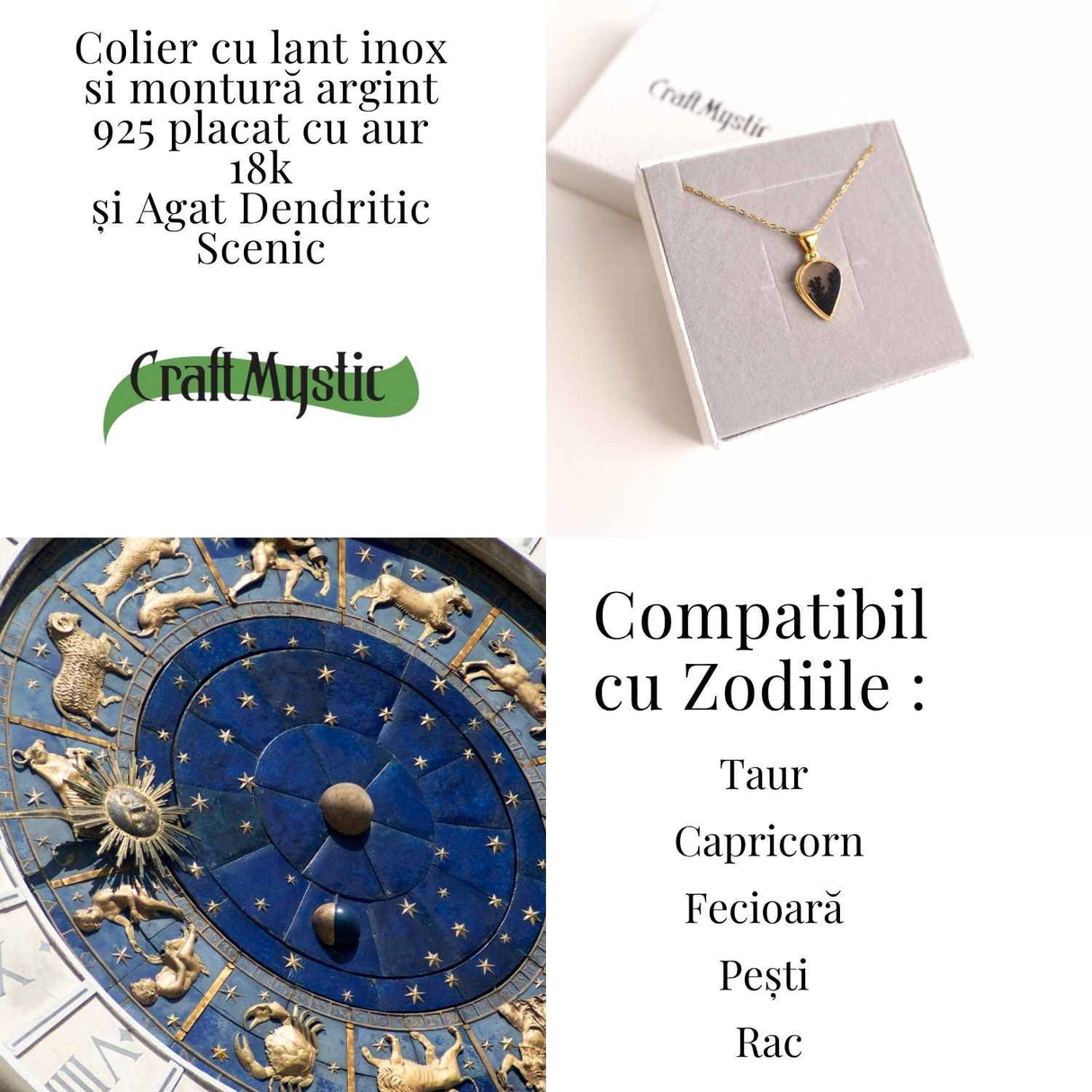 Colier lant inox cu pandantiv montura pe argint 925 placat cu aur 18k si Agat Scenic Dentritic - Claritate si echilibru emotional