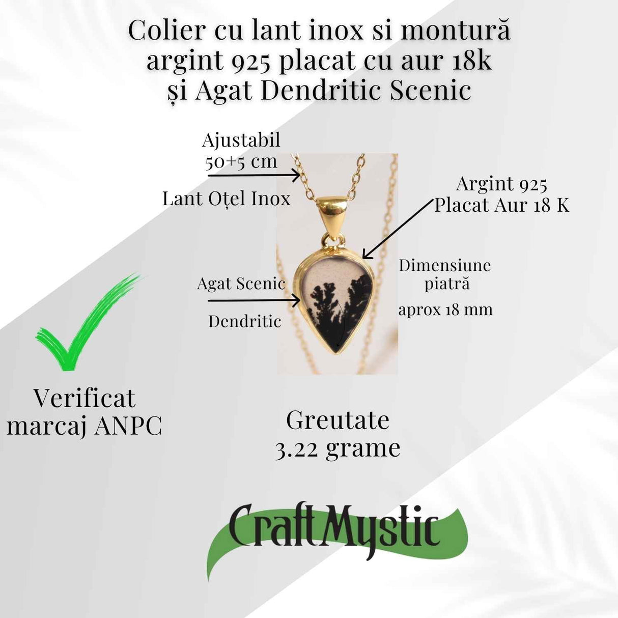 Colier lant inox cu pandantiv montura pe argint 925 placat cu aur 18k si Agat Scenic Dentritic - Claritate si echilibru emotional