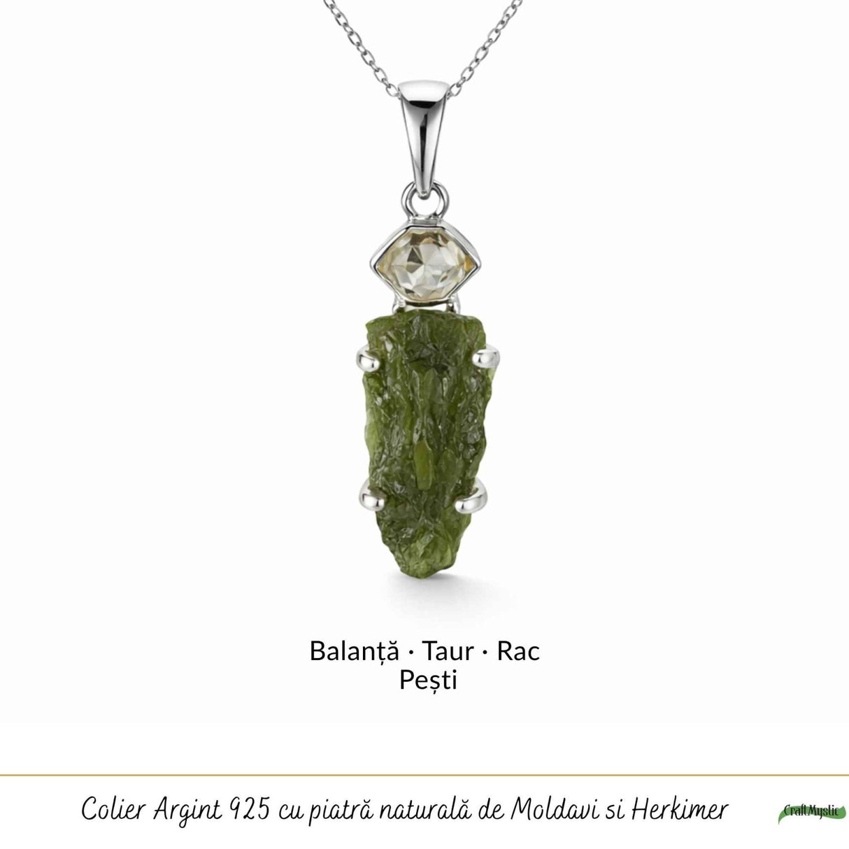 Colier Argint 925 cu Moldavit si Herkimer Brut – Claritate si Transformare