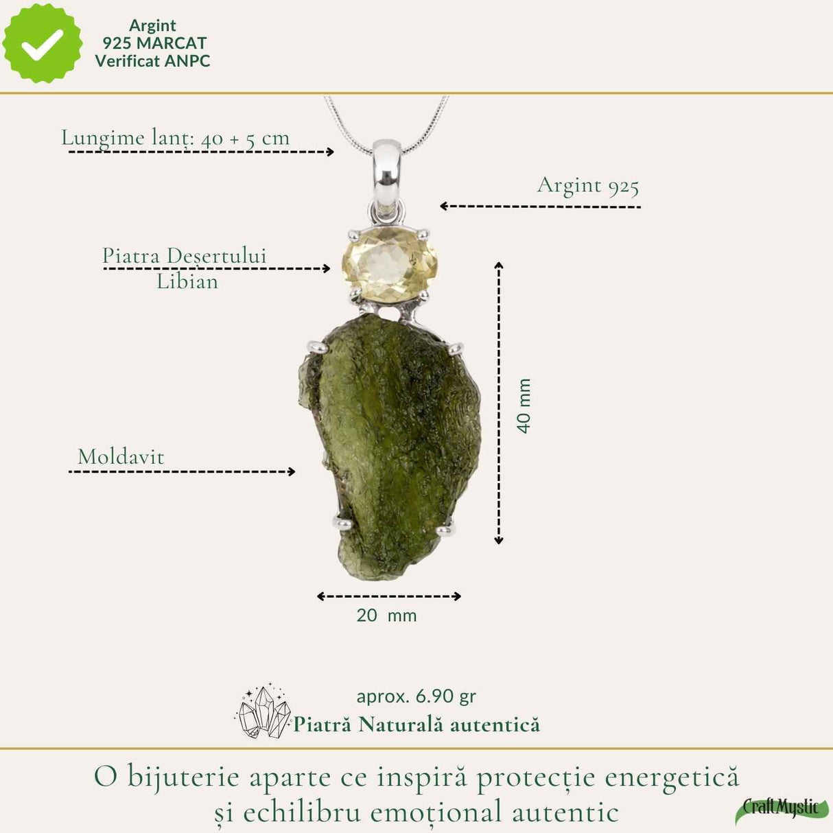 Colier Argint 925 cu Moldavit si Piatra Desertului Libian – Energie si Claritate