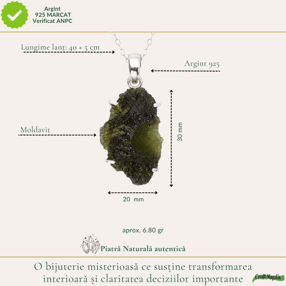 Colier Argint 925 cu Moldavit Brut Natural – Transformare si Energie Autentica